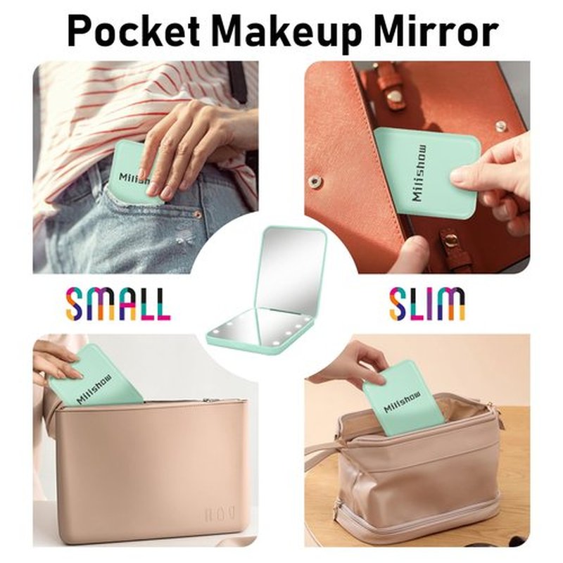 Milishow Compact Mirror, 1x/3x Magnifying LED Pocket Mirror, Small Lighted Travel Makeup Mirror for Purse, Handbag, Folding, Handheld, 2-Sided Mini Mirror with Lights for Women (Cyan 1pack)