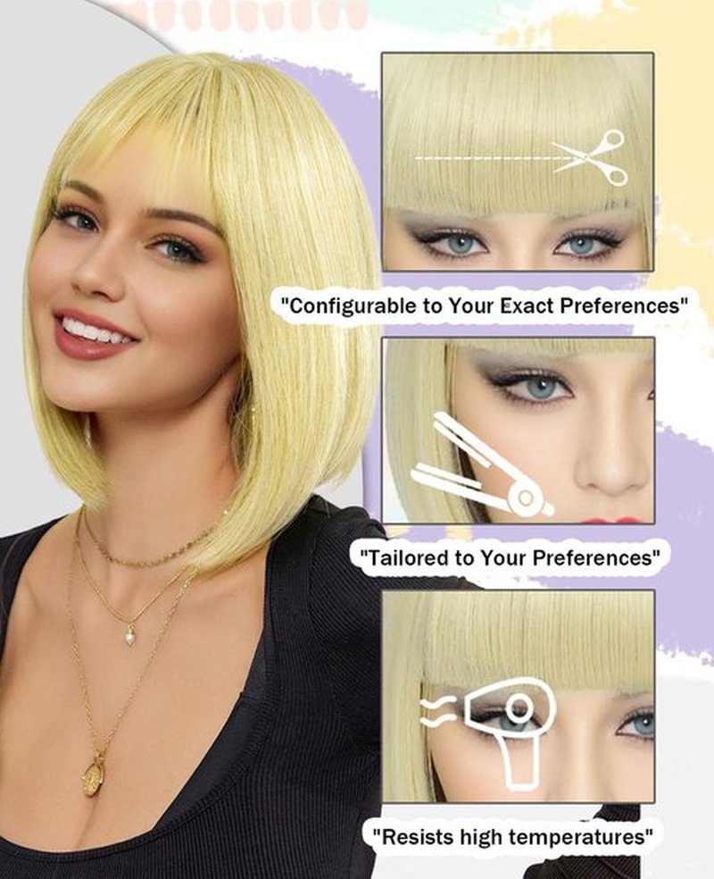 MaxlaceWig Blonde Wig with Bangs for Women, 12 Inch Straight Short Blonde Bob Wig, Synthetic Colorful Bob Wigs, Natural Looking Heat Resistant Fiber Bob Wig for Girls Daily Party Use,Cosplay Wig