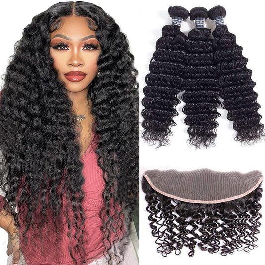 Amella Hair Deep Wave 3 Bundles with Frontal 13x4 Lace Closure Pre Plucked Brazilian Deep Wave Virgin Human Hair with Lace Frontal Free Part 16” 18" 20"+14"Frontal