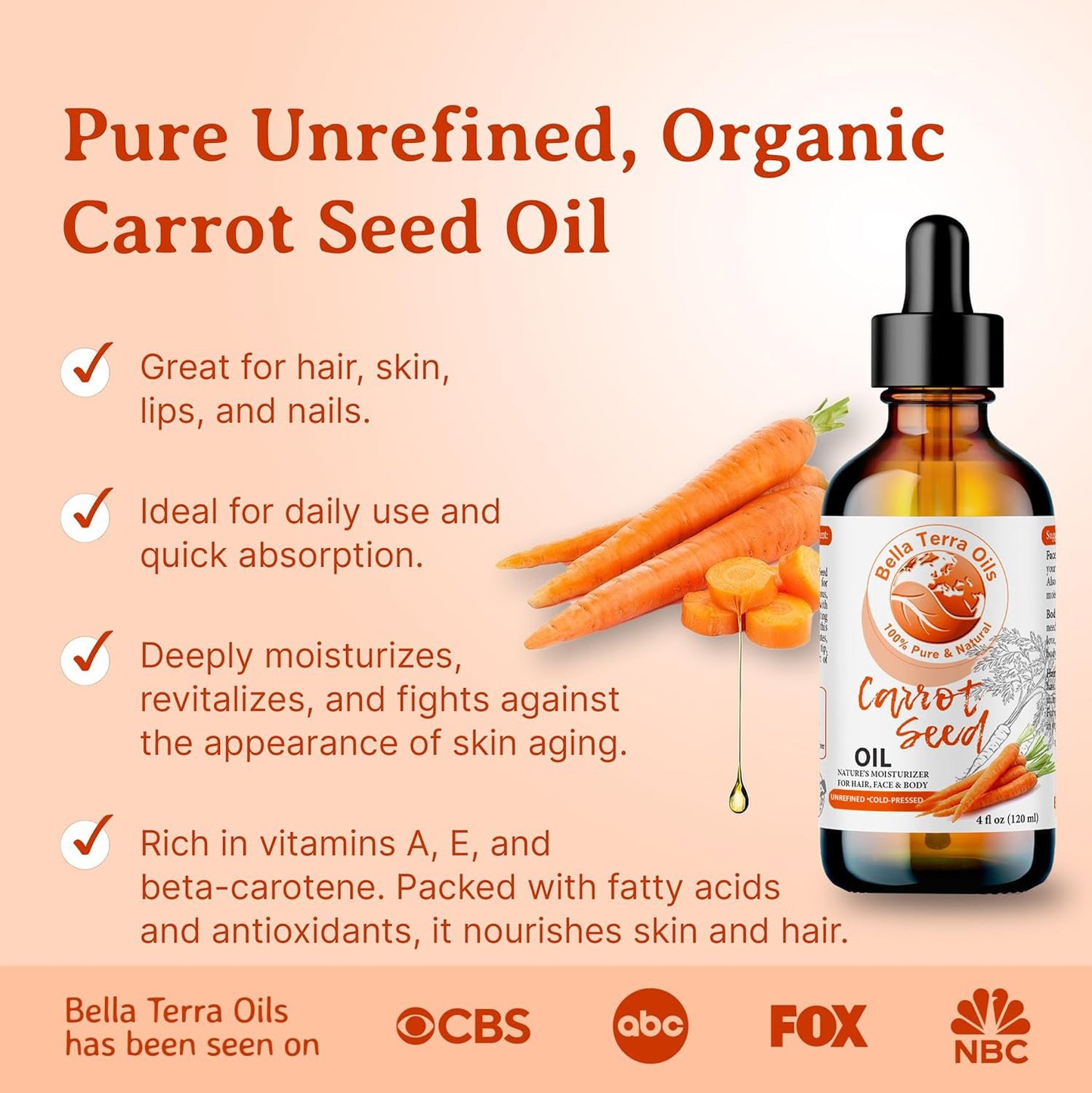 Bella Terra Oils - Natural Carrot Seed Oil 2oz - Enriched with Carotene & Essential Nutrients, Elevate Your Skin Care Regimen with This Luxurious Oil