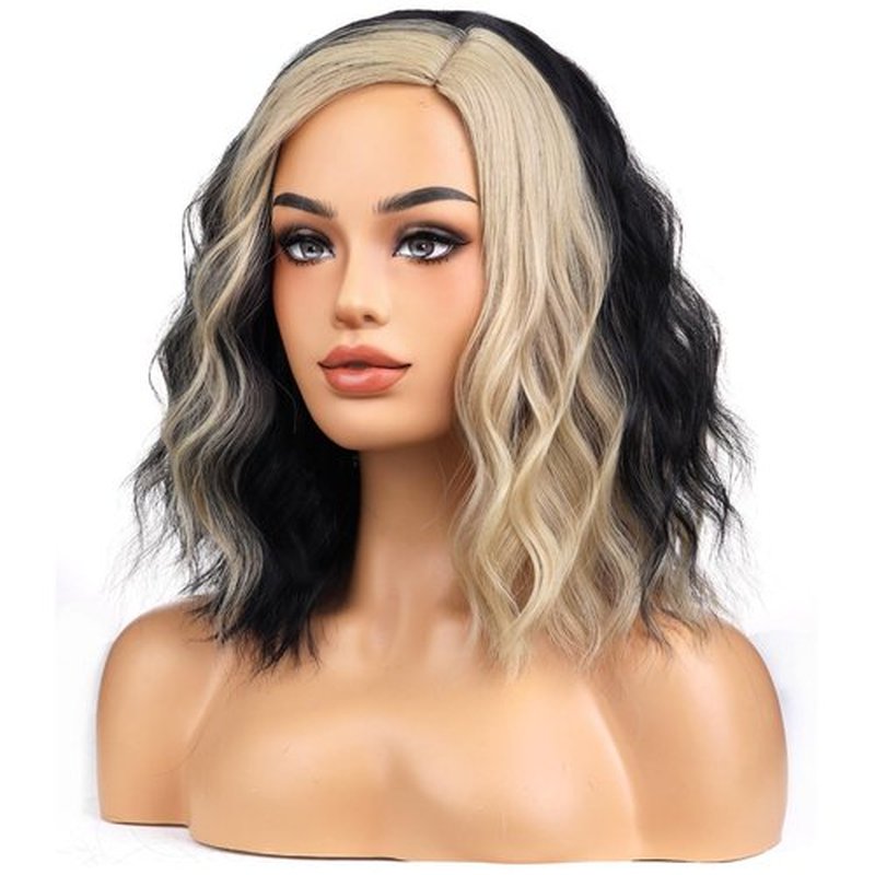 BERON Black and Blonde Wigs for Women Short Curly Wavy Hair Wig Girls Mixed Color Synthetic Costume Cosplay or Used Wig