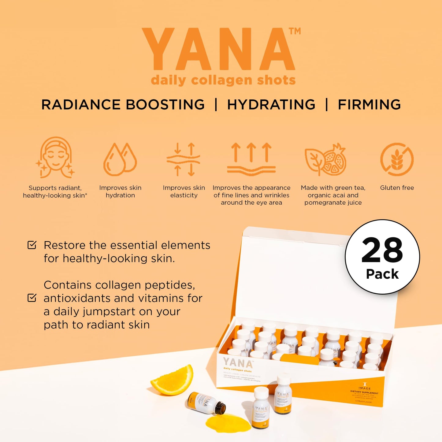 IMAGE Skincare, YANA Liquid Collagen Shots, 2500 mg Hydrolyzed Bovine Collagen Peptide Supplement with Biotin, Natural Citrus Flavor, 28 Daily Shots