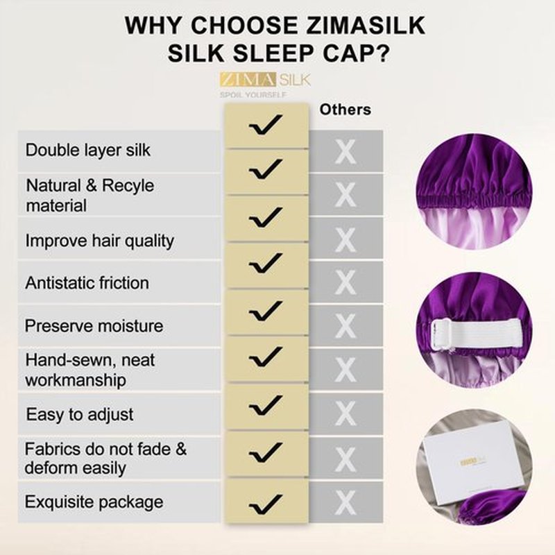 ZIMASILK 100% Mulberry Silk Bonnet for Sleeping Women Long Hair Double Layer Silk Hair Wrap with Adjustable Band Natural Silk Bonnet for Hair Care Stay On Head (1Pc, Purple)