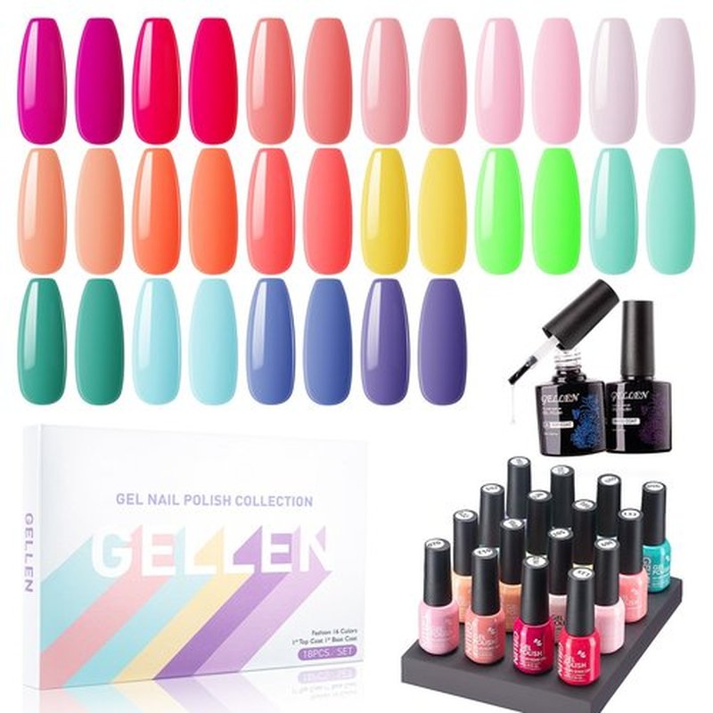 Gellen Gel Nail Polish, 16 Colors Gel Nail Polish Set, Soak off LED Cured U V Gel Polish for Nails, Including Gel Top and Base Coat