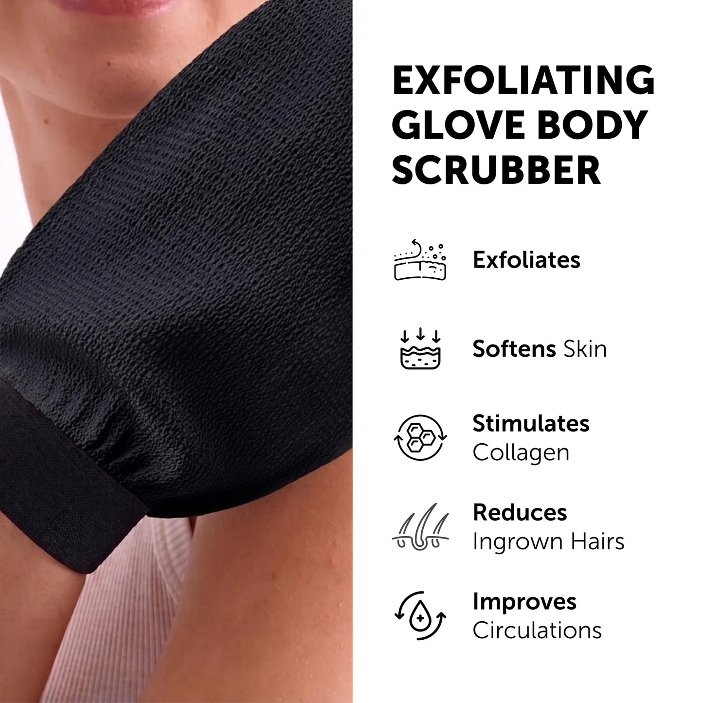 Valitic Exfoliating Glove Body Scrubber - Exfoliating Mitt Dead Skin Remover, Shower Face and Body Exfoliator - Korean Style Skin Scrubber Washcloth - Spray and Self Tan Remover, Pair Black