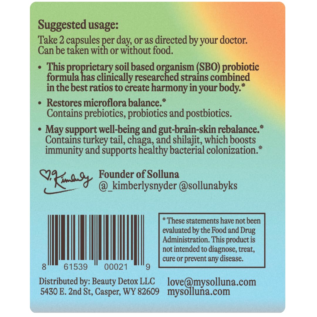 SBO Probiotics by Solluna — Soil Based Organisms, Prebiotics & Postbiotics with Humic Acid, Shilajit, Chaga & Turkey Tail Mushroom — Gut Health & Digestion — Kimberly Snyder (60CT) Vegan & Non-GMO