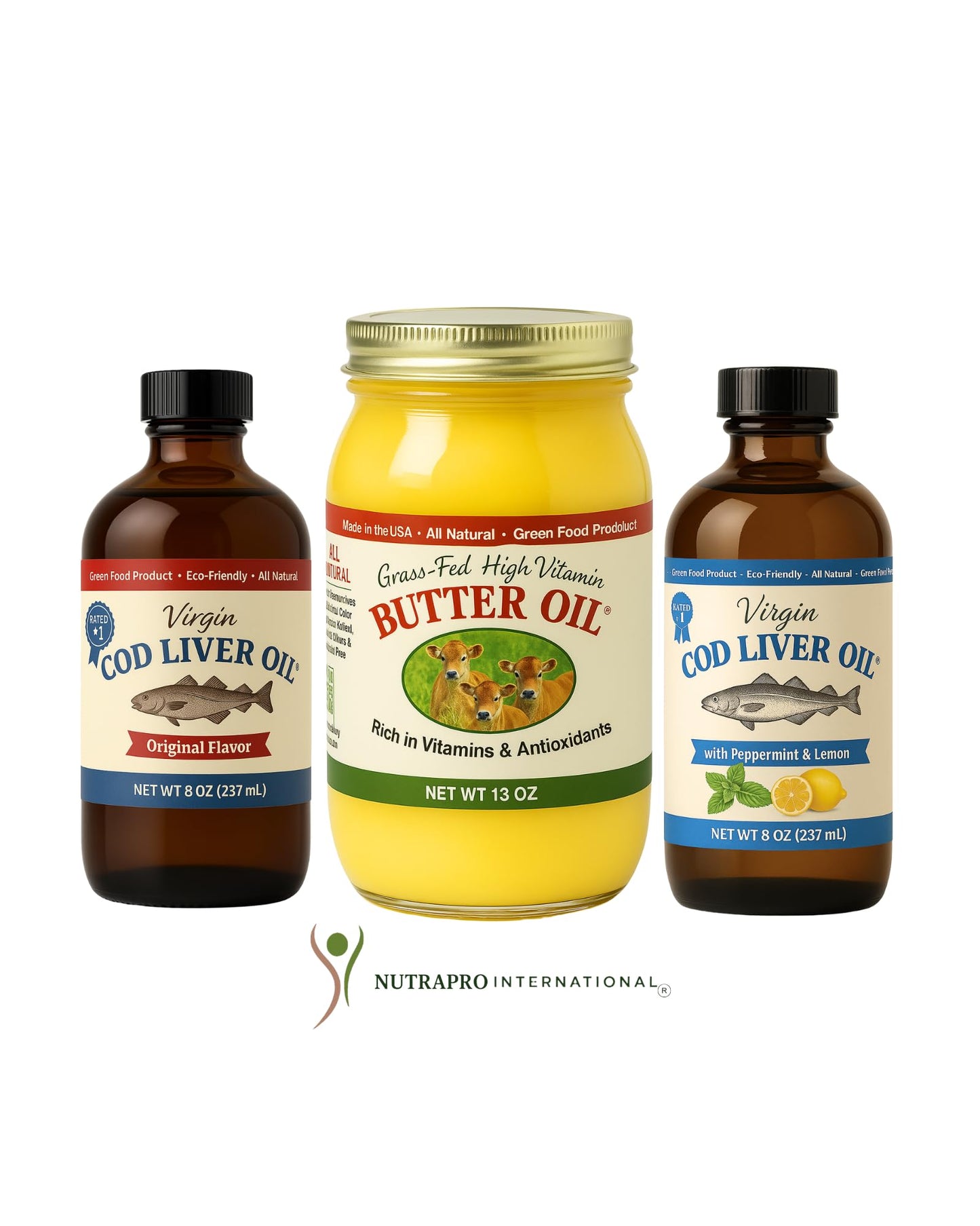 High Vitamin Butter Oil, (13 Oz) & Virgin Cod Liver Oil, High in Vitamin D, Omega 3 DHA/EPA (8 Oz; Mild Lemon & Peppermint Flavor)