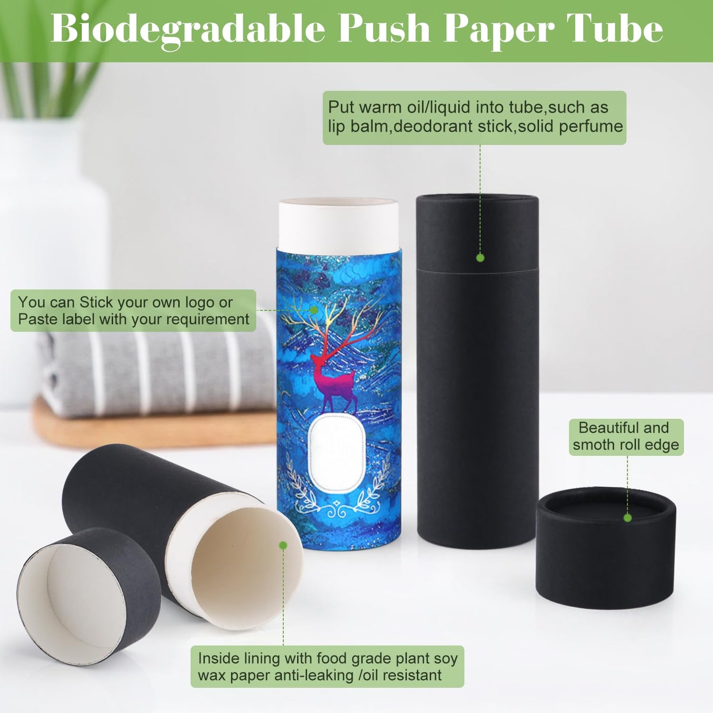Furnido 10 Pcs 2 oz Cardboard Deodorant Containers,Push-Up Style,Top-Fill,Empty Kraft Paperboard Tubes Lip Balm Containers,Compostable Round Body Lotion Sticks Tube DIY Homemade Lip Balm Holder,Black
