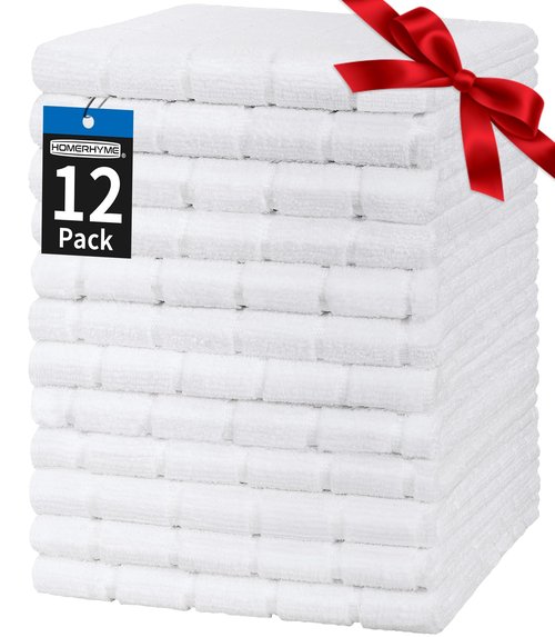 HOMERHYME Hand Towels, 12 Pack 25''*15'' White Microfiber Kitchen Bathroom Hand Towels, All-Purpose Quick Dry Lint Free Soft Absorbent Bulk Checkered Washcloth Bath Towels for Travel Gym Hotel