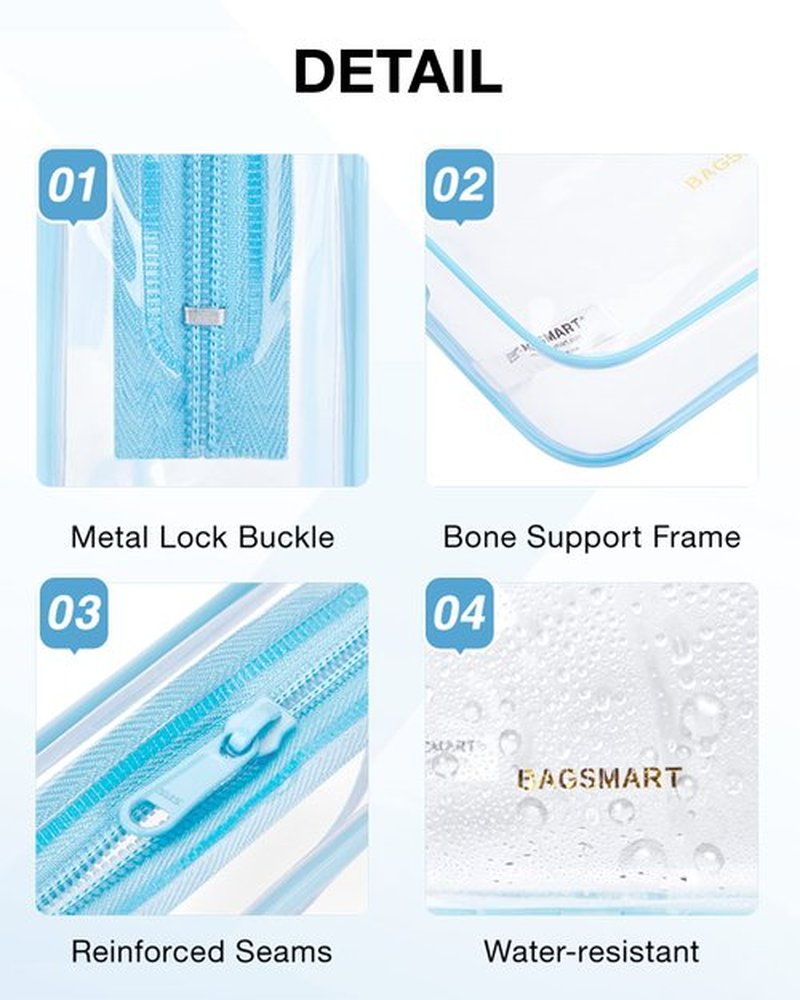 BAGSMART Clear Toiletry Bag, 2 Pack TSA Approved Travel Toiletry bag Carry on Travel Accessories Bag Airport Airline Quart Size Bags Water Repellent Makeup Cosmetic Bag for Women (Blue-2Pcs)