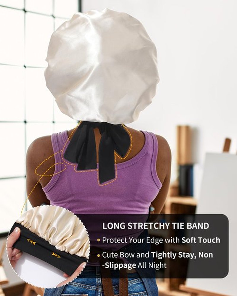 Satin Bonnet for Women Silk Bonnets for Sleeping Curly Hair Bonnet with Elastic Tie Band Reversible Double Layer Sleep Cap Hair Wrap (Black + Champagne)