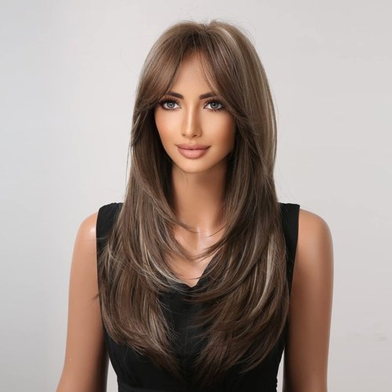 MAGQOO Brown Highlights Wig for Women Brown Blonde Layered Wig Long Brown Highlighted Wig with Bangs Synthetic Heat Resistant with Wig Cap