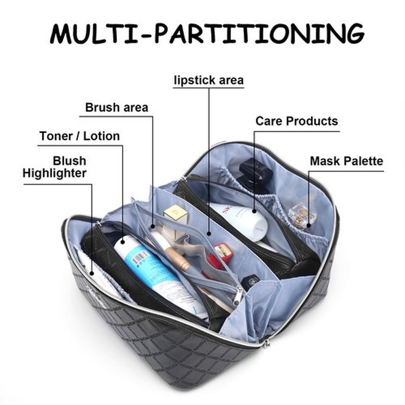 Travel Makeup Bags Cosmetic Organizer Bag: 3-Set Large Capacity Make up Bag - PU Leather Toiletry Bag for Women - Wide Open Portable Pouch with Divider & Handle (07-Black 6)
