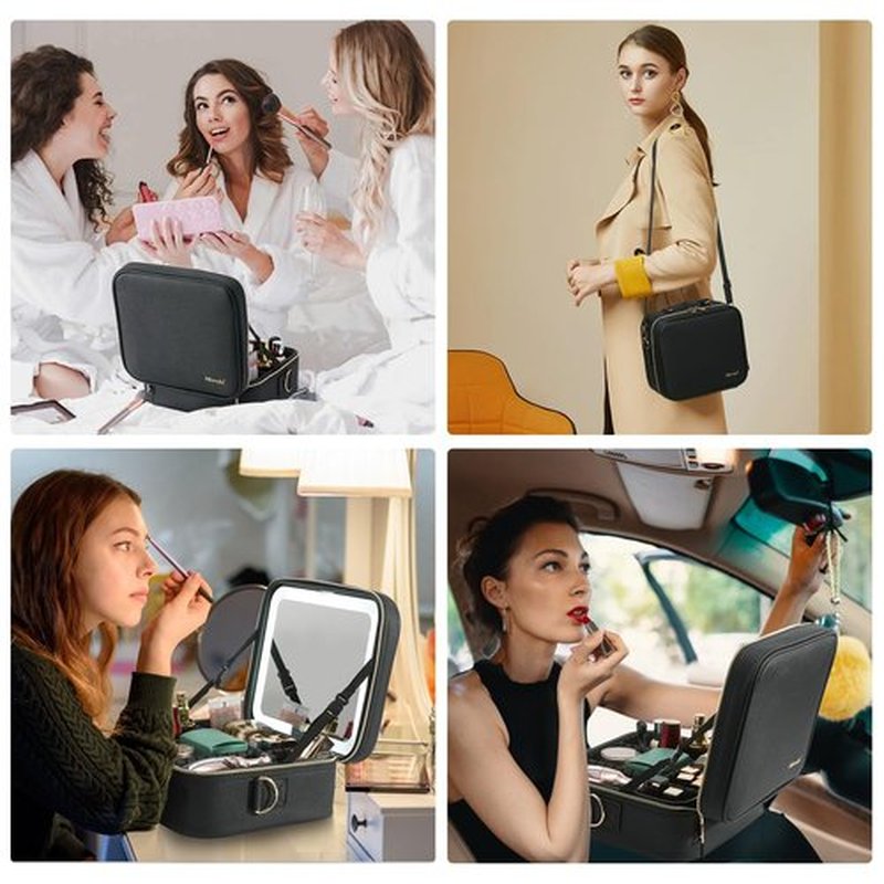 Mocado Travel Makeup Bag with LED Lighted Mirror,Travel Makeup Organizer,Makeup Case with 8 Makeup Brushes and 10x Magnifying Mirror,3 Colors Lighting, Adjustable Dividers Makeup Box(Black)