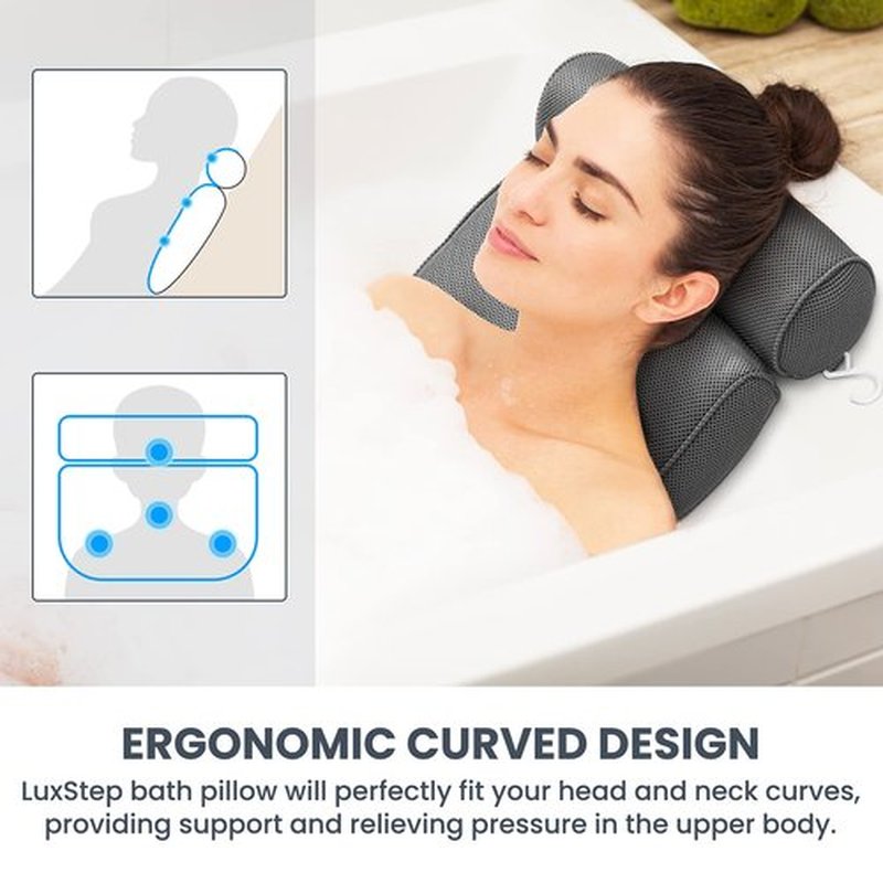 LuxStep Bath Pillow Bathtub Pillow with 6 Non-Slip Suction Cups for Head,Neck and Back Support, Extra Thick and Soft Air Mesh Spa Pillow for Bath - Fits All Bathtub, 15.35x14.56 Inch,Grey