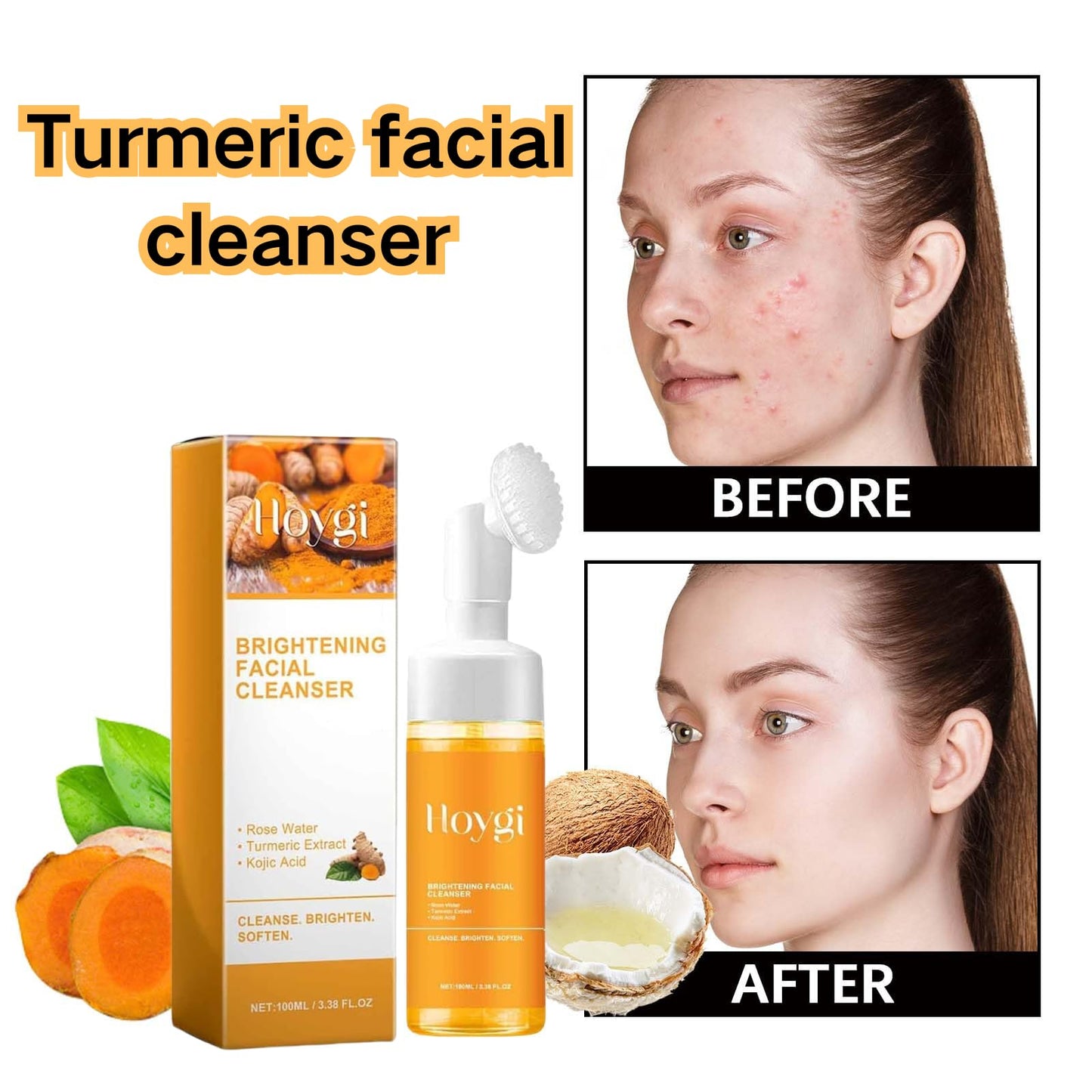 EIVJEC Turmeric Facial Cleanser, 2Pcs Foaming Face Wash, Turmeric Acid Foaming Cleanser for All Skin Types
