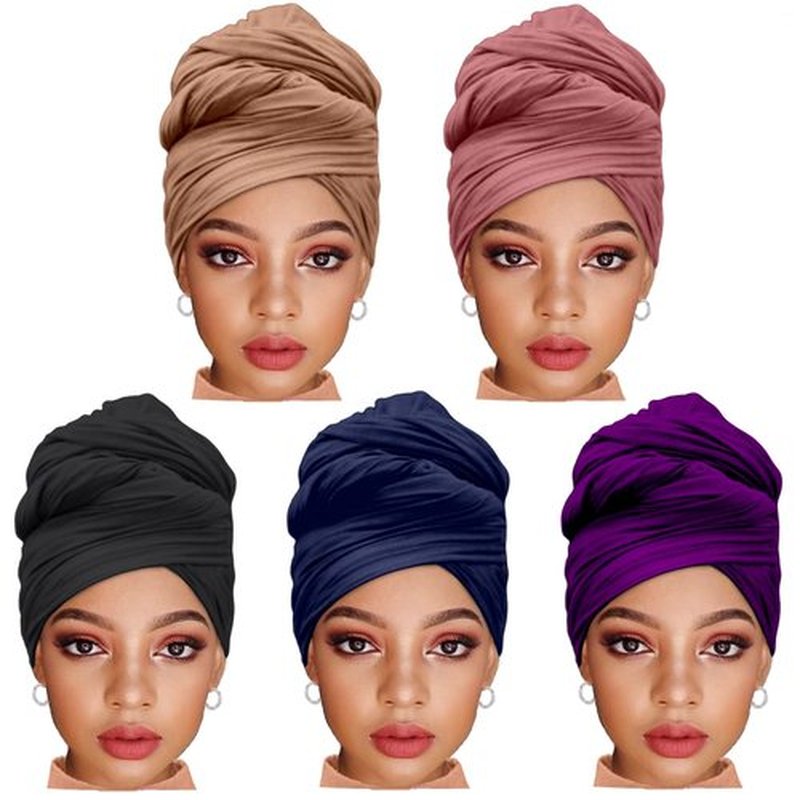 ZRQ 5 Pieces African Women's Head Waps Stretch Turban Hijab Soft and Breathable Super Long Scarf Solid Color Combination Suitable for Women (Black,Camel,Dark powder,Dark Blue,Dark Purple)