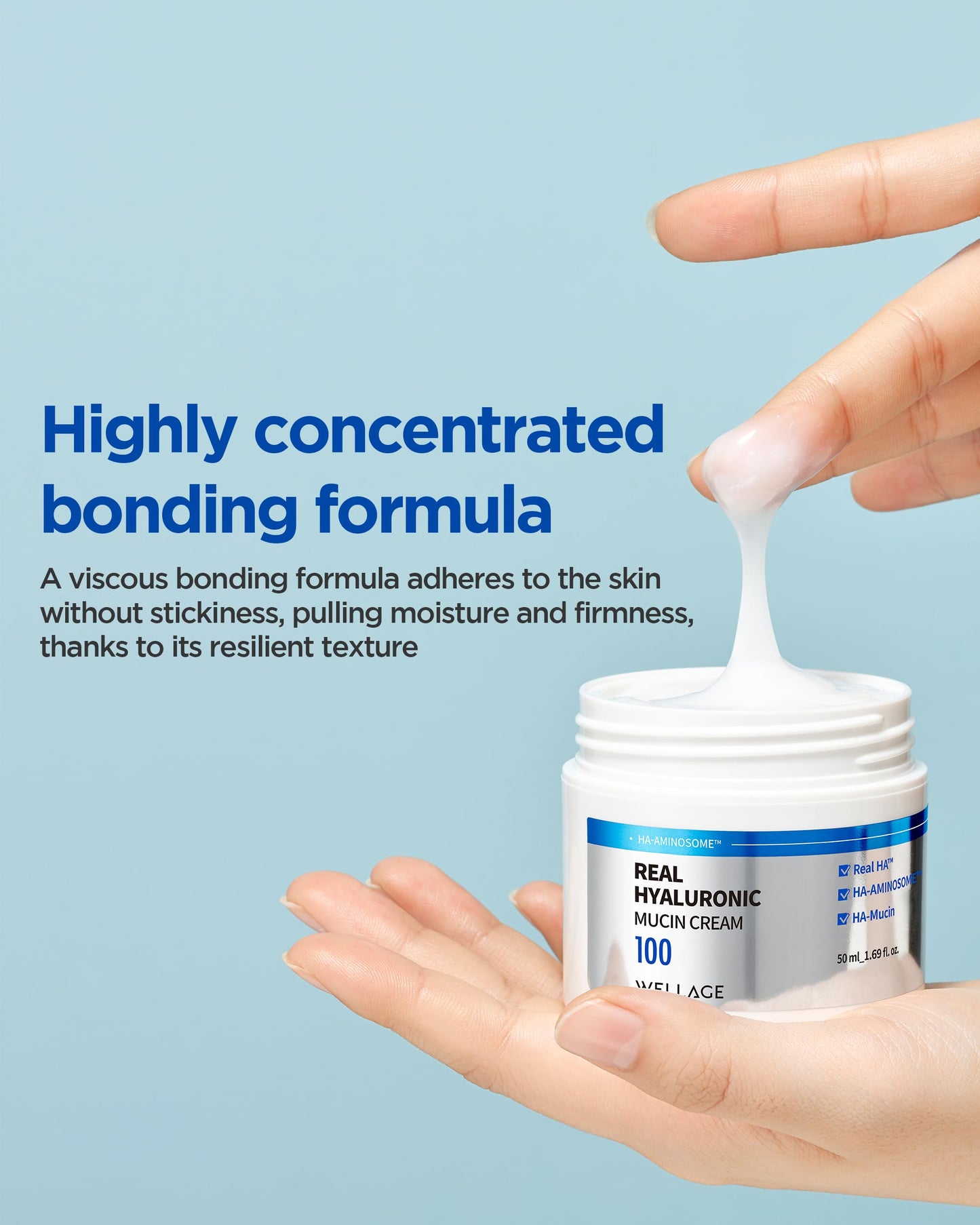 WELLAGE Real Hyaluronic Mucin Cream - Korean Skincare Daily Face Gel Moisturizer with Pure Hyaluronic Acid and Snail Mucin for Ultimate Hydration and Elasticity, All Skin Types, 1.69oz