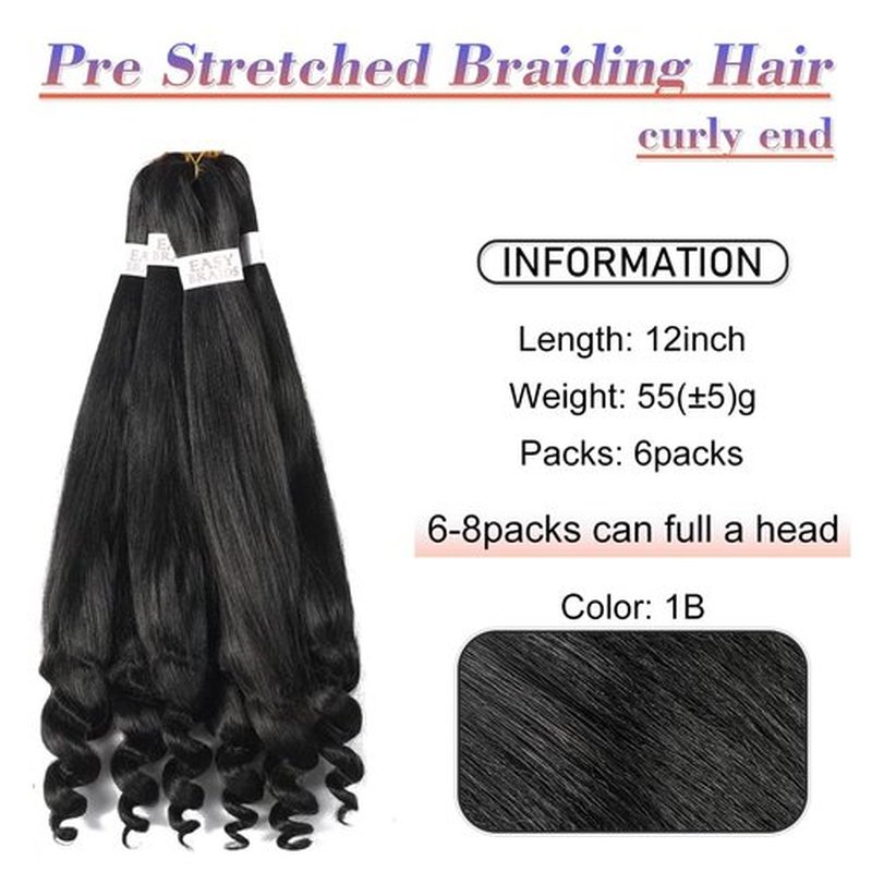 Braiding Hair Pre Stretched French Curly Braiding Hair Crochet Braids Natural Easy Braid Crochet Hair Hot Water Setting Professional Soft Yaki Straight Hair For Braiding (12inch（pack of 6）, 1B)