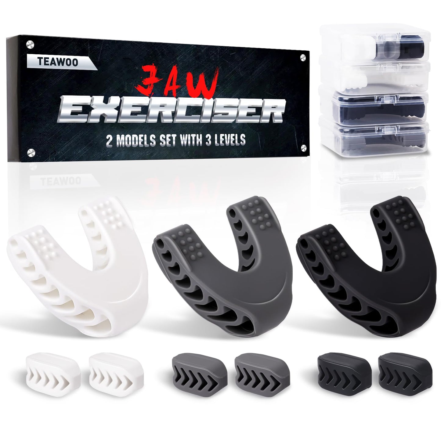 TEAWOO 9PCS Jaw Exerciser for Men & Women, 2 Model Set with 3 Resistance Levels Silicone Jaw Toner for Beginner, Intermediate & Advanced Users, Patented Jawline Exerciser (White/Grey/Black)