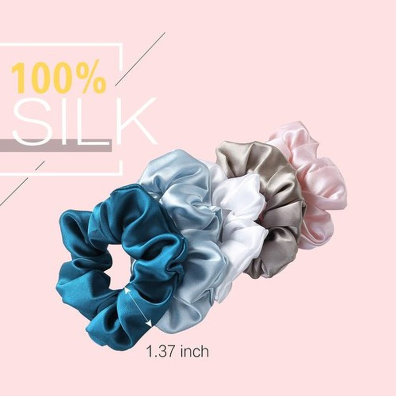ZIMASILK 100% Mulberry Silk Hair Scrunchies, Best For Women And Girls’Hair, Elastic Hair Bands For Ponytail Holder Gentle And No Hurt (5 Pack, Light Blue, Pink, White, Taupe, Peacock Blue)
