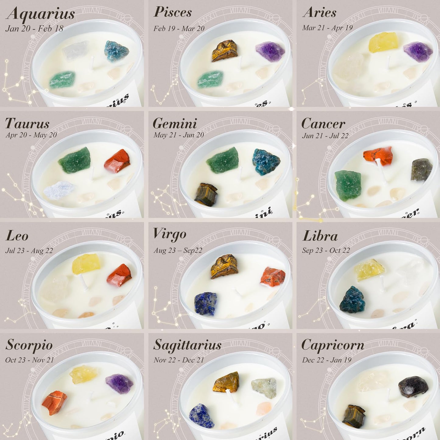 Aquarius Gifts for Women, Zodiac Aquarius Candle with Healing Crystals, Astrology Birthday Gifts for Women, Mom, Sister, Friends, Meditation, Yoga, Relaxation (7oz)