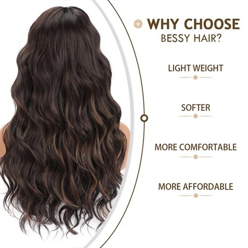 BESSY HAIR Dark Brown Wig with Brown Highlight Wig 22 Inch Long Hair Wigs with bangs Natural Looking Synthetic Wigs for Women Daily Party Cosplay Use