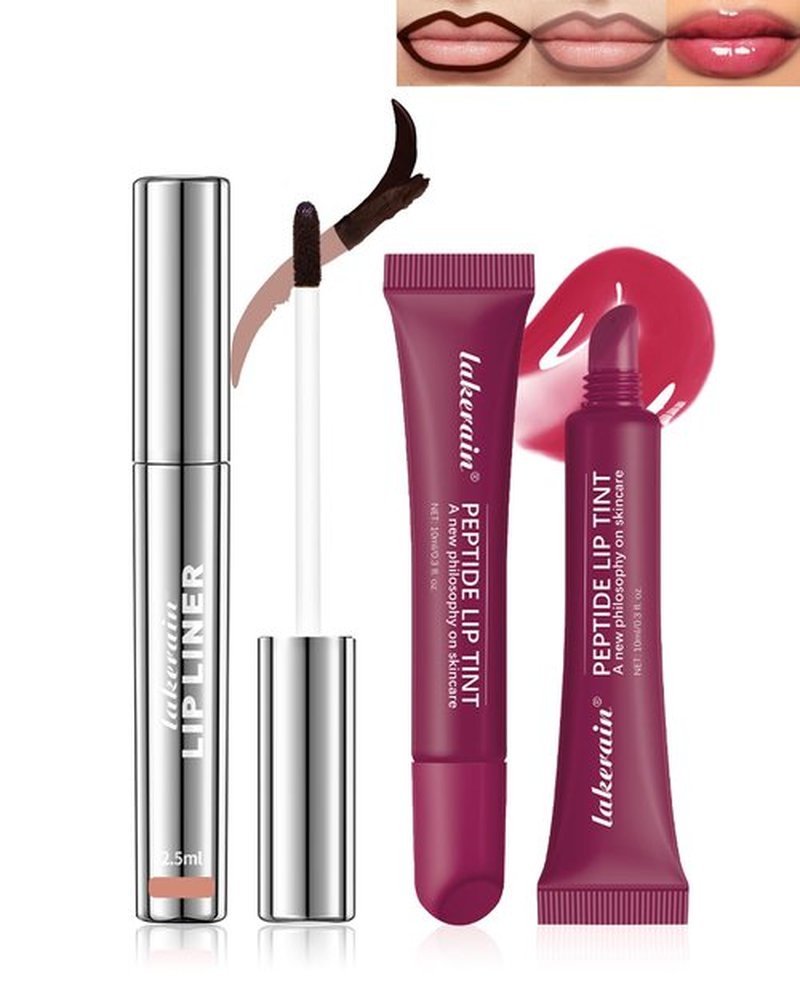 Peel Off Lip Liner Stain & Lip Gloss Set, Long Lasting Waterproof Brown Lip Stain Peel off Tattoo Nude Lip Liner & Tinted Lipstick Combo Non-Stick Cup Transfer Proof Lip Stain Color Women Makeup,Set C
