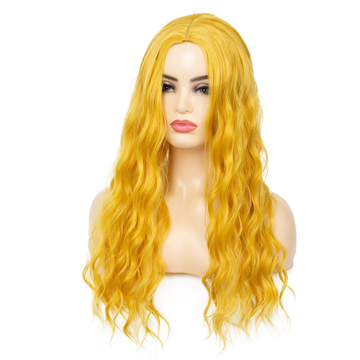 Beweig Yellow Wig for Women Long Curly Wavy Cute Colorful Wigs Middle Part Synthetic Hair Wigs Halloween Cosplay Daily Party Wigs (25 inch)