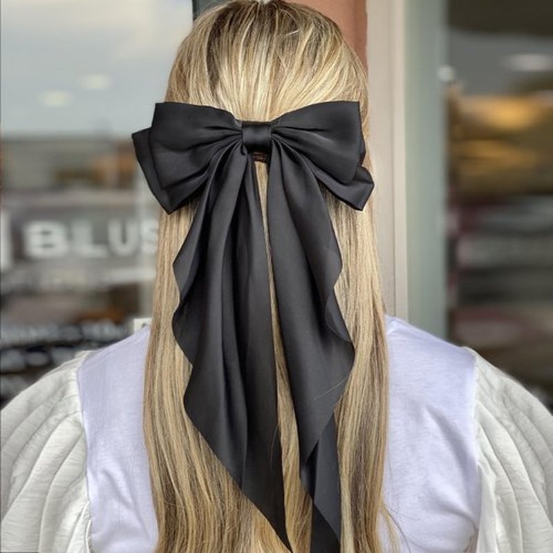 Hair Bows for Women Girls Silky Satin Big Bows Hair Barrettes Oversized Hair Accessories Long Tail Hair Ribbons -3Pcs -Black White Khaki