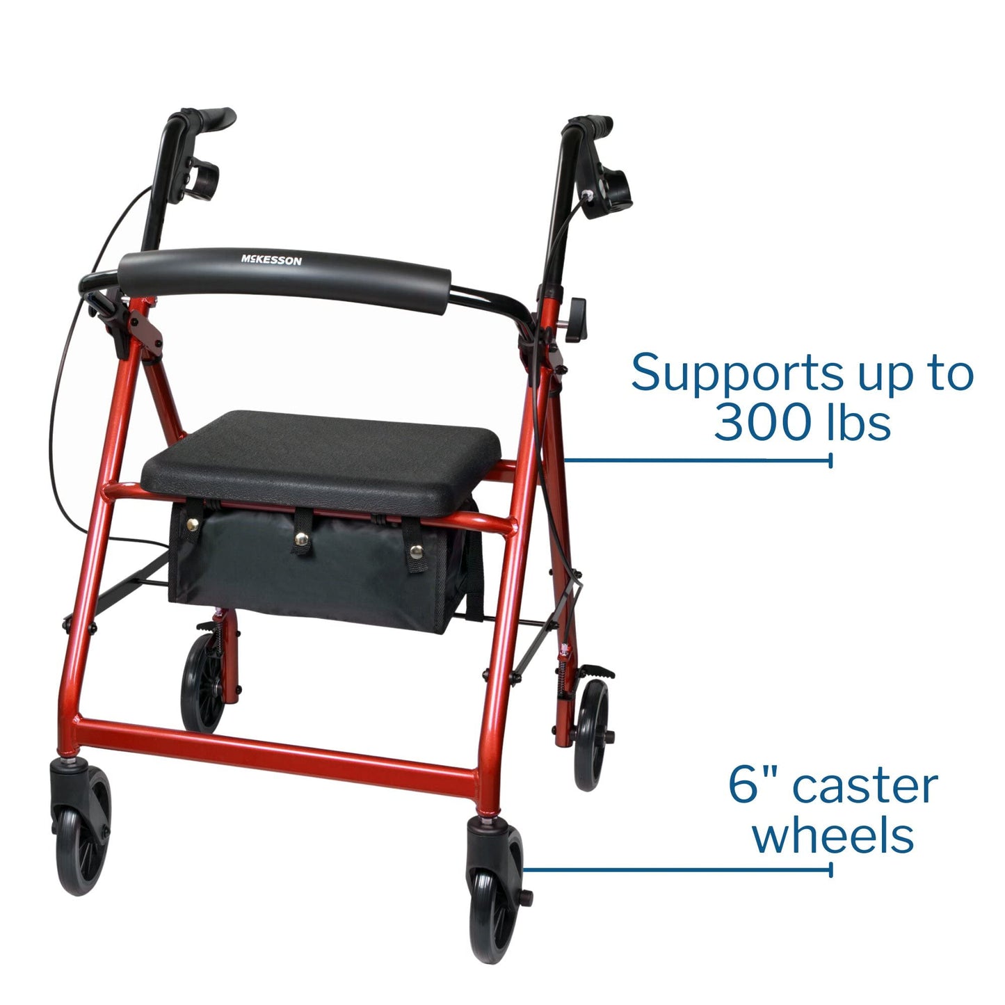 McKesson Rollator Walker with Seat and Wheels, Lightweight, Aluminum, 300 lbs Weight Capacity, Red, 1 Count