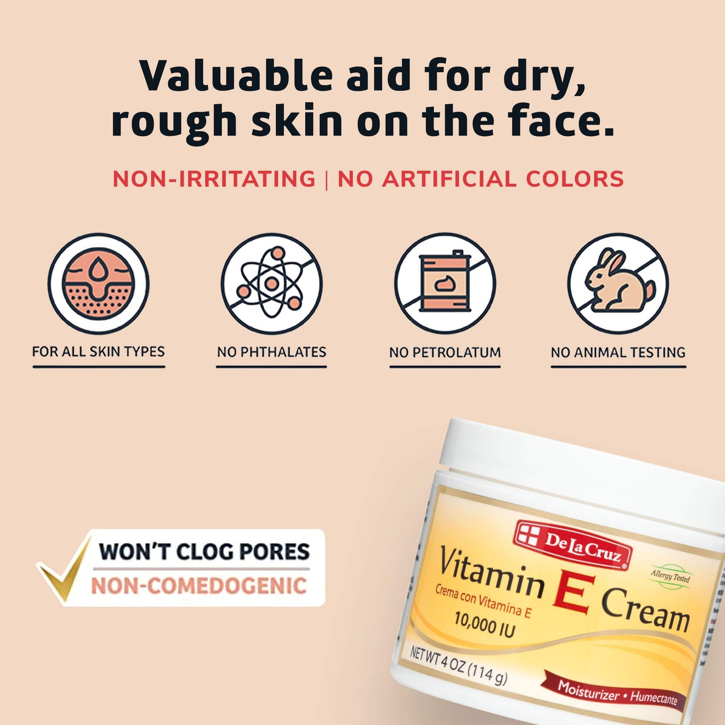 De La Cruz Vitamin E Cream Moisturizer for Face and Neck - Moisturizing Skin Care for All Skin Types - Made in USA, 2.6 oz Tube