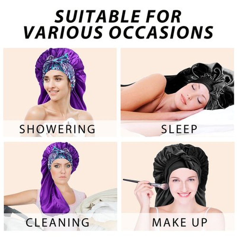 2Pack Bonnets for Black Women Braid Bonnet, Large Long Bonnet Satin Bonnet for Braids,Black Women Silk Bonnet with Stretchy Tie Band Braid Bonnet for Sleeping Extra Long (Black & Purple Pattern)