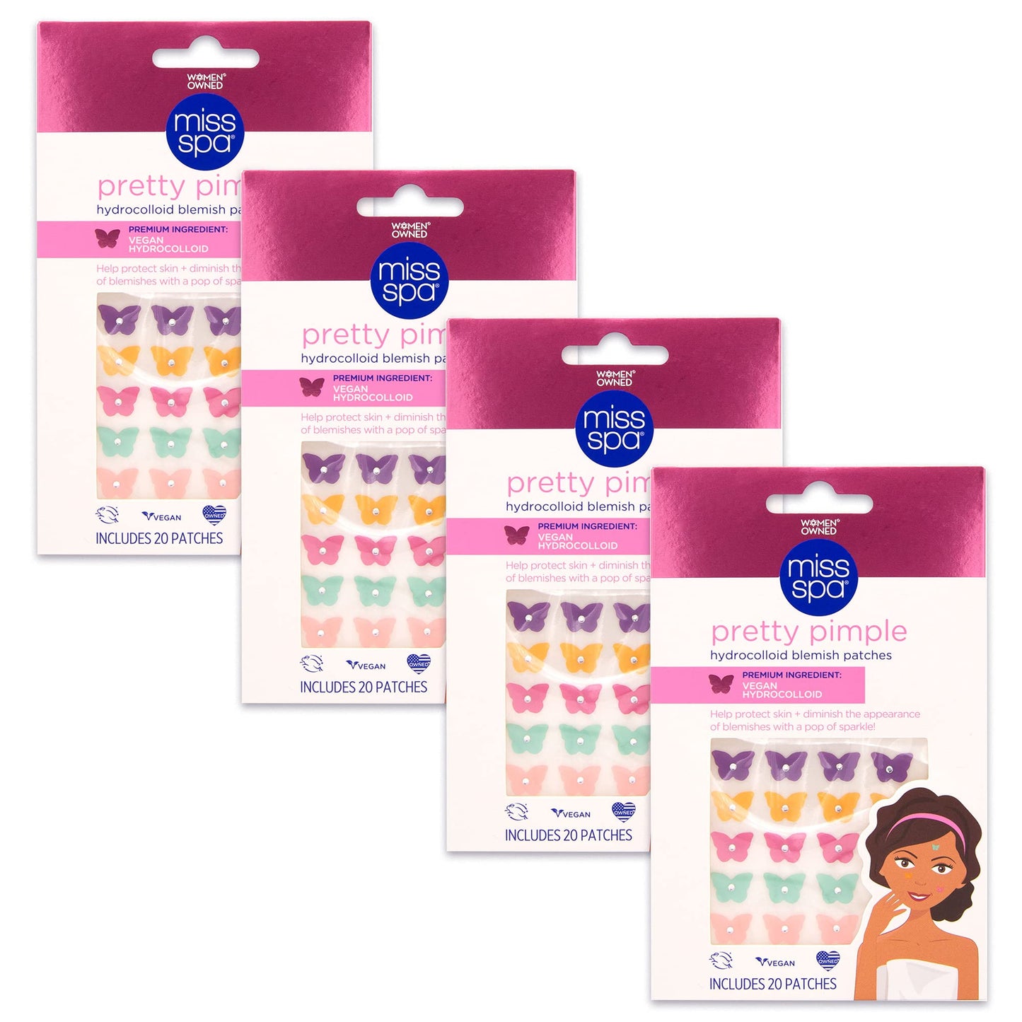 Miss Spa Blemish Patches, Hydrocolloid Acne Pimple Patches, Colorful Butterfly Vegan Hydrocolloid Absorbing Acne Patches, Face & Body Pimple Patches 4 Packs (80 Count)