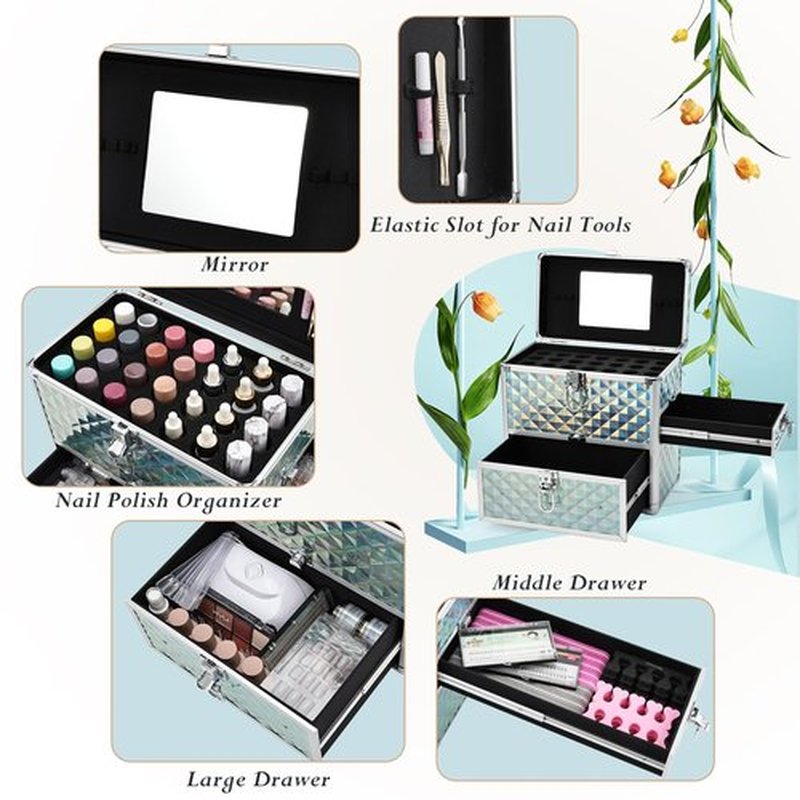 FRENESSA Extra Large Makeup Organizer Case Cosmetic Box Storage with Drawer Mirror Makeup Manicure Accessory Organizer With Dividers Travel Nail Art Case for Makeup Artist Nail Tech Case Watery Blue