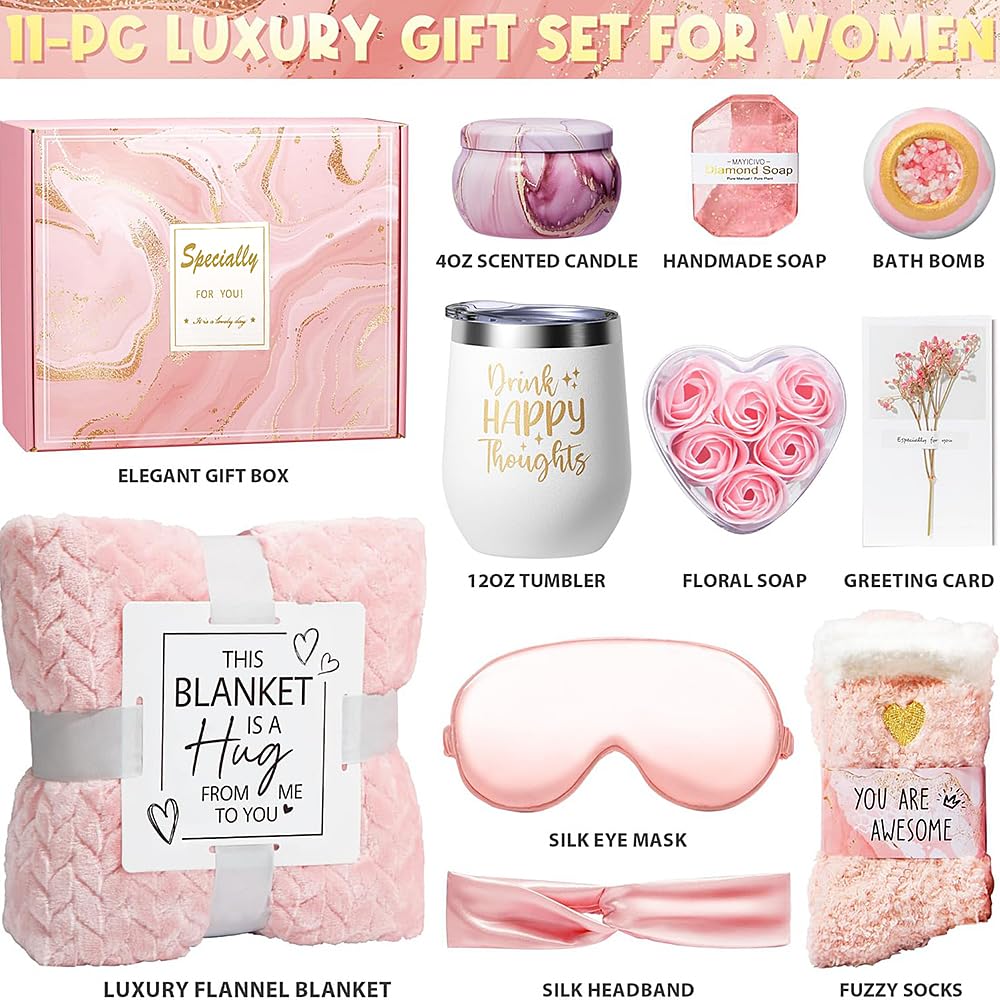 Birthday Self Care Gift Basket for Women Pink Cozy Blanket Tumbler Candle