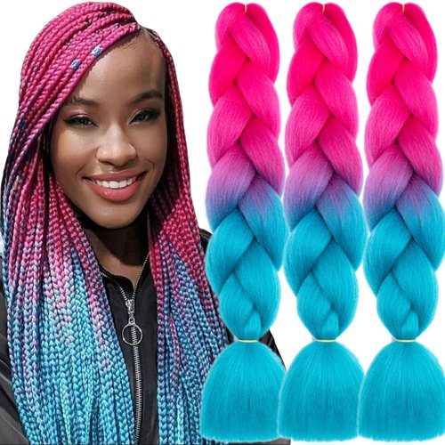 TENGSHUO FLY Peach Red to Lake Blue Pink Braiding Hair 3 Packs Synthetic Braid Hair Extensions Jumbo Ombre Braiding Hair 24 Inch or Box Braids Twist Crochet Braids(24"3Pack,Peach Red-Lake Blue Pink)