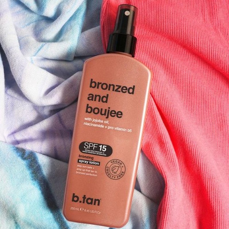 b.tan SPF 15 Sun Tanning Lotion Spray | Bronzed and Boujee - Outdoor Bronzing Spray Lotion, Packed with Jojoba Oil, Niacinamide, & Pro Vitamin B5, Vegan Friendly, Austrailian Brand, 8.45 Fl Oz