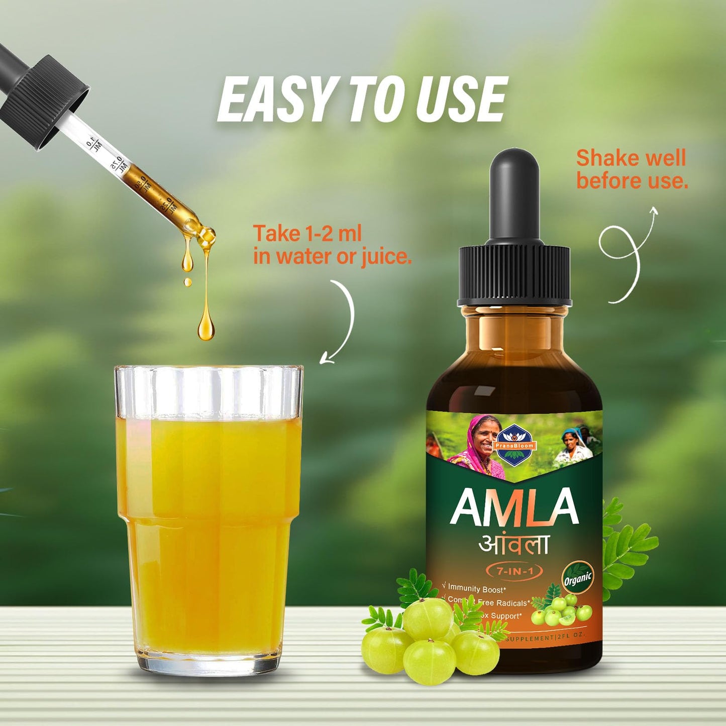 PranaBloom Amla Extract Drops 2oz for Immune Support, Fast-Absorbing Liquid Alternative to Capsules & Powder, Indian Gooseberry Fruit Natural Vitamin C Supplement for Liver & Gut Detox with Elderberry