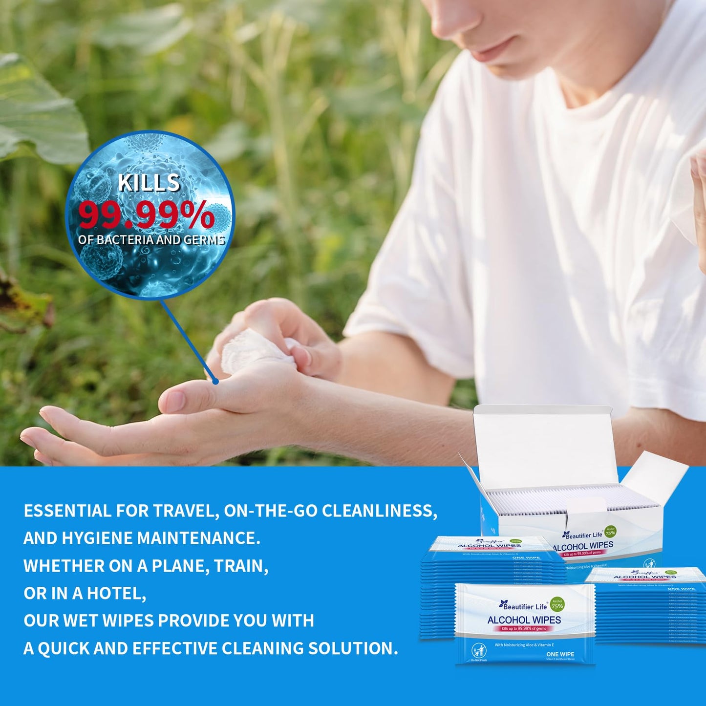 Beautifier Life 100 Count Individually Packed Hand Sanitizing Wipes - 75% Alcohol Formula with Aloe, Moisturizer, and Vitamin E - Premium Sanitizer for Travel, Home, Office, and School Use