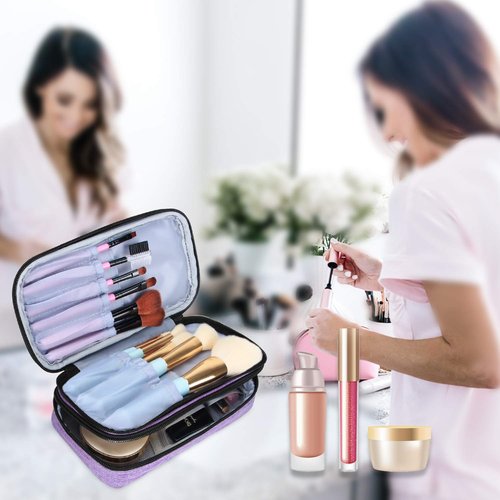 Teamoy Travel Makeup Brush Bag(up to 8.5"), Professional Cosmetic Artist Organizer Case with Handle Strap for Makeup Brushes and Beauty Supplies-Small, Purple (No Accessories Included)