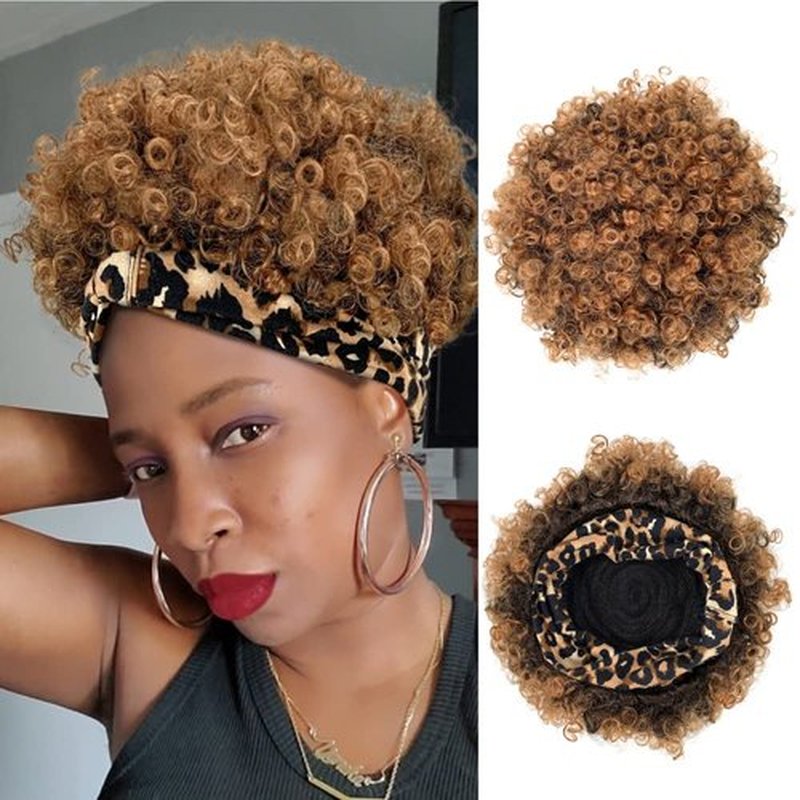 Allyreetress Short Curly Wigs with Headbands Attached for Black Women Synthitic Kinky Curly Afro Puff No Drawstring Ponytail Wig Headwrap Hairstyles With 2 Clips(T1B/30)