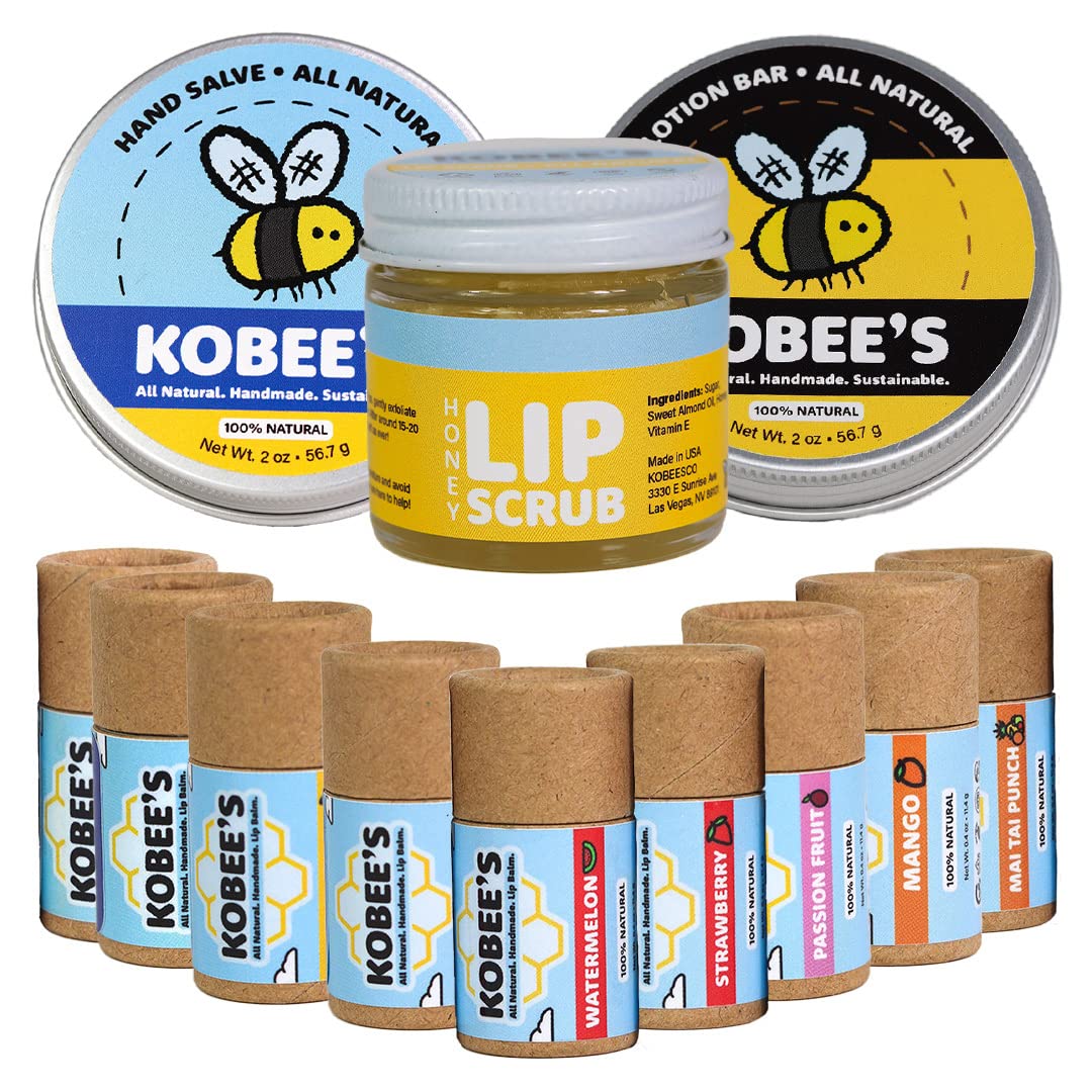 Kobeesco Essentials Bundle, 9 - Lip Balm, 1 Lip Scrub, 1 - Hand Salve, 1 - Lotion Bar