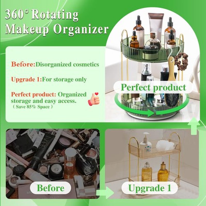 Megapuxin Makeup Organizer for Vanity,360° Rotating Large Skincare Make Up Storage Perfume Organizers Cosmetic Dresser Organizer Countertop Organizer with Extra Hooks DIY Stickers for Bathroom