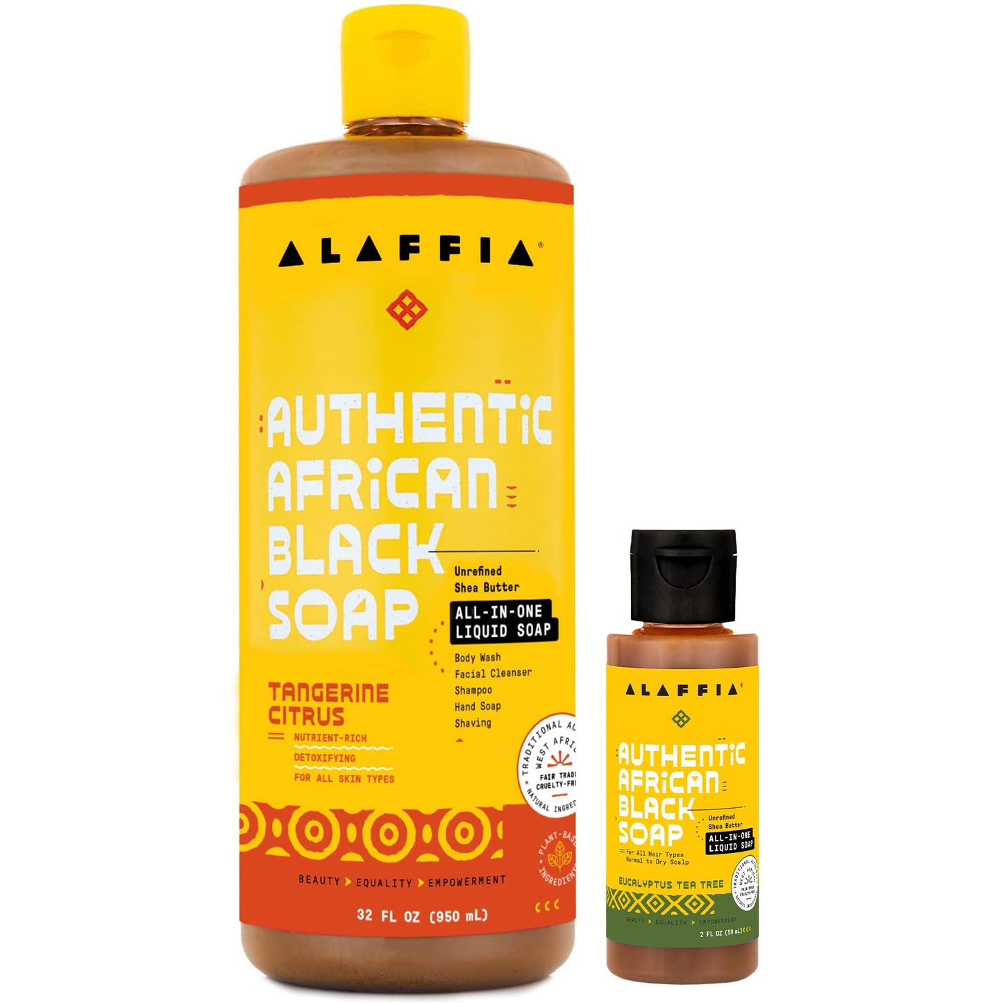 Alaffia Authentic African Black Soap, Tangerine Citrus (32 Oz) + Eucalyptus Tea Tree (2 Oz) – All-in-One Moisturizing Cleanser for Face, Hands, Body & Hair