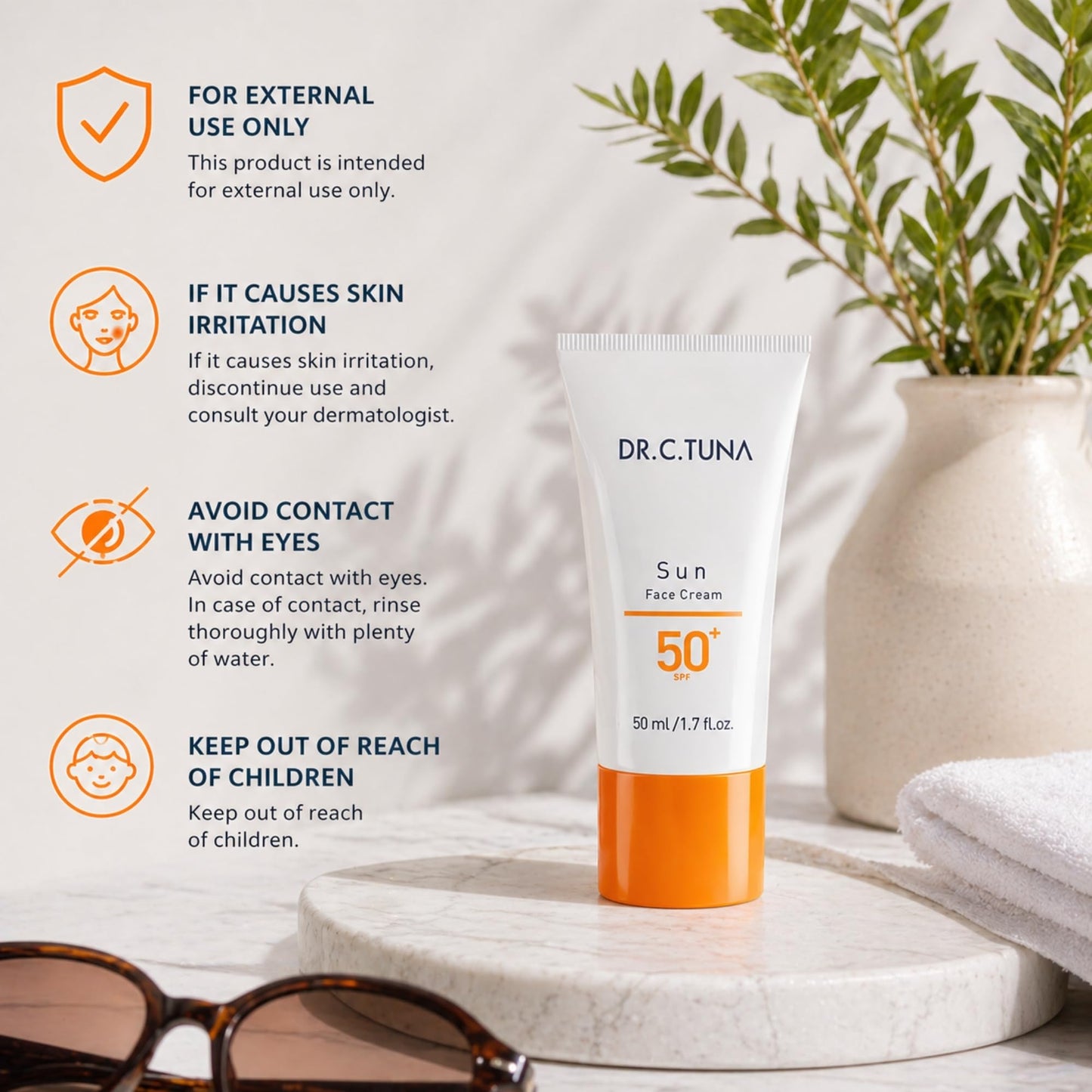 FARMASi Dr. C. Tuna Sun Face Cream Care SPF 50, Broad Spectrum UVA UVB Protection, Lightweight Water Resistant Sunscreen Lotion with Hydration Support, For All Skin Types, 1.7 fl oz