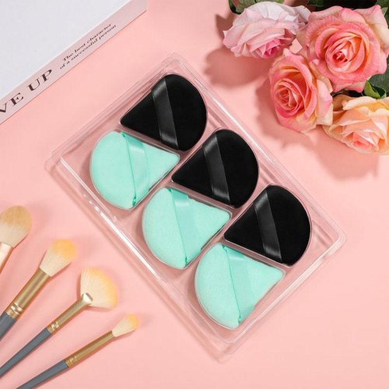 Pimoys 6 Pieces Powder Puff Face Soft Triangle for Loose Powder, Velour Makeup Blender Sponge Set Setting Powder Puff Beauty Makeup Tool, Black and Green