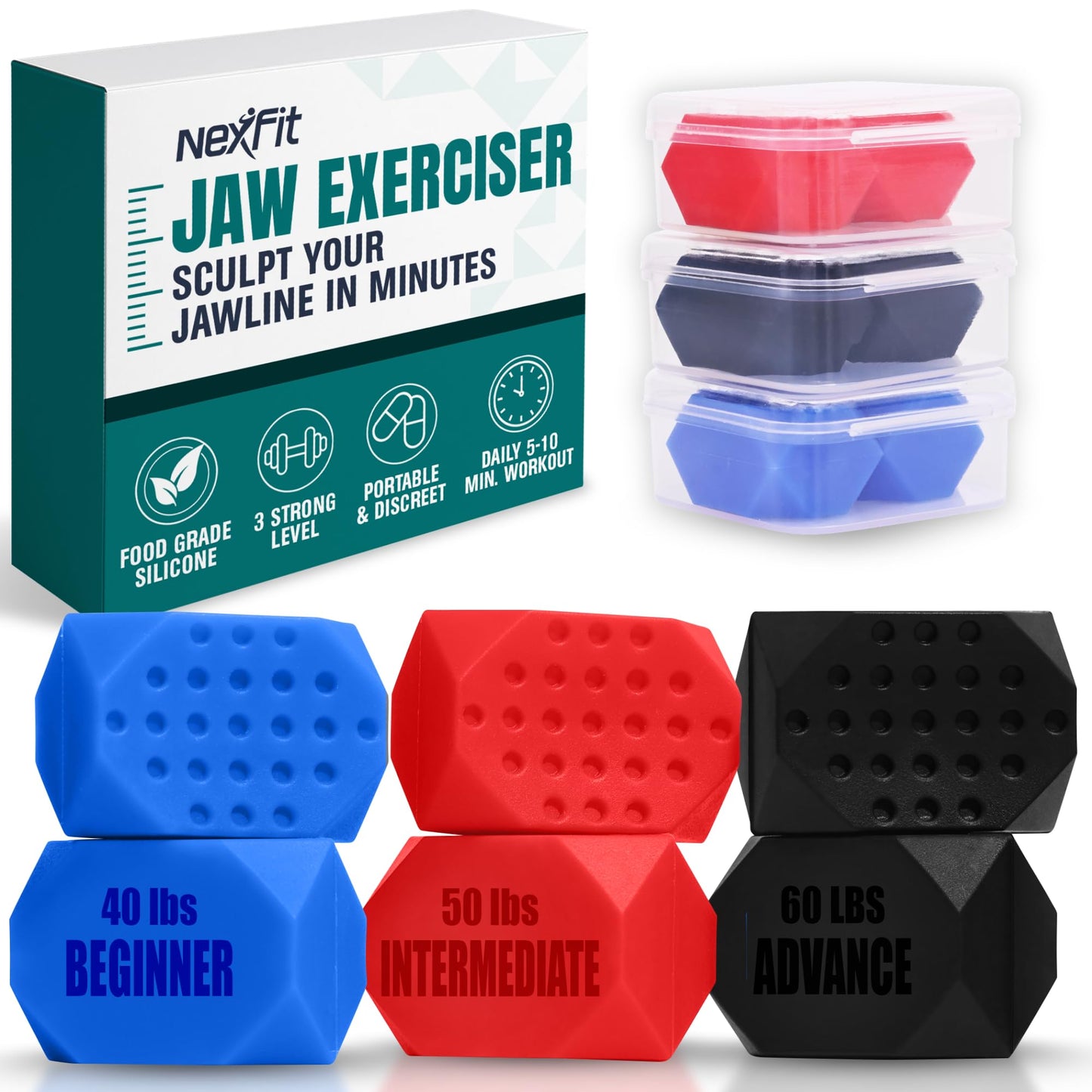 NexFit Jaw Exerciser for Men & Women – 3-Level Resistance Jaw Trainer for Men & Women – Food-Grade Silicone Double Chin Reducer – 6 Piece Kit with Carry Cases – Compact Mewing Jawline Shaper for Women