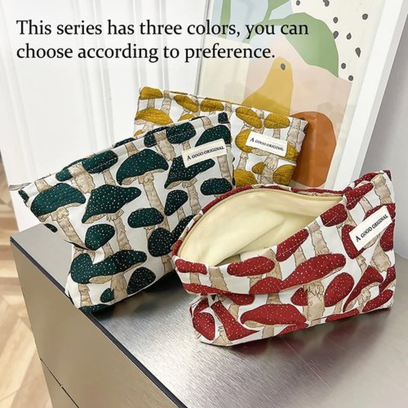 STARDW Cute Makeup Bag Cosmetic Bags for Women and Girls,Travel Makeup Bag Large Capacity Canvas Makeup Bag,Makeup Organizer Bag Zipper Pouch (Yellow Mushroom)