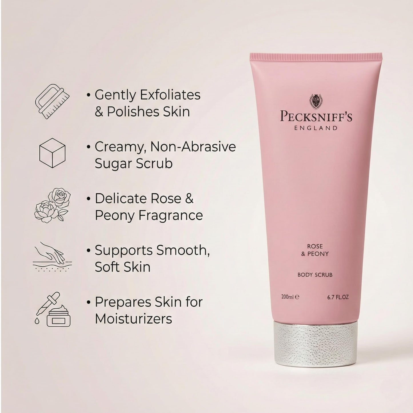 Pecksniff’s Rose and Peony Body Scrub 200ml, Gentle Exfoliating Body Polish with Floral Scent, Creamy Sugar Scrub for Smooth Soft Skin, Shower Exfoliator for Dry Dull Skin, UK Bath and Body